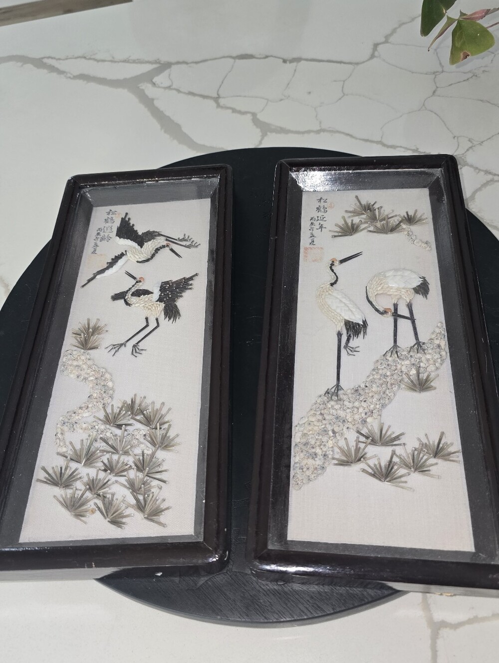 Pair of Framed Asian Shell Carving Shadow Box Dioramas – Crane & Pine Motif